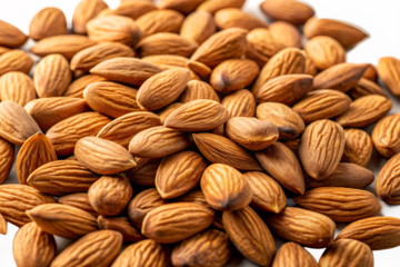 Pile of raw almonds isolated on white background