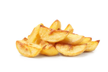 Pile of tasty baked potatoes isolated on white