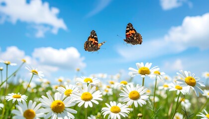 Two butterflies soar above a field of daisies under a bright blue sky