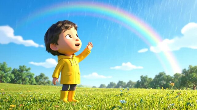 Charming animation of a happy child in yellow rain gear reaching for a spectacular rainbow and soft falling rain in a sunny field