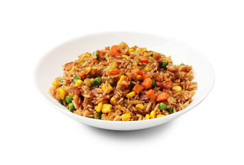 Tasty fried rice with vegetables and bacon isolated on white