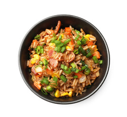 Delicious fried rice with vegetables and bacon in bowl isolated on white, top view