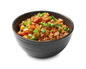Delicious fried rice with vegetables and bacon in bowl isolated on white