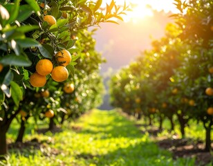 Lush orange orchard bathed in golden sunlight