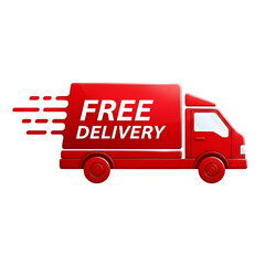 Red delivery truck with free delivery text isolated on transparent background.