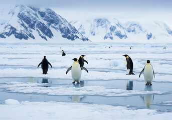Group of emperor penguins standing on frozen ice with snowy mountain backdrop in Antarctica.