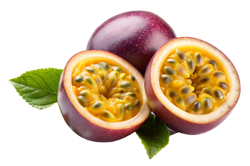 Fresh passion fruit halves isolated on white background