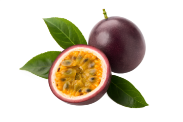 Fresh passion fruit halved and whole isolated on white background
