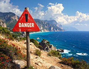 Warning sign for dangerous cliff path overlooking a beautiful coastline