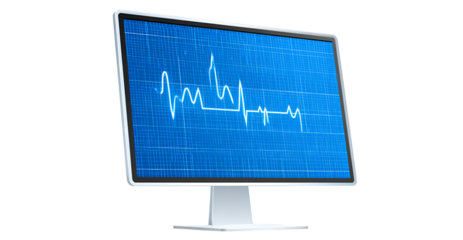 an image of a blue-colored individual monitor with a heart rate line graph on the screen, against a white background