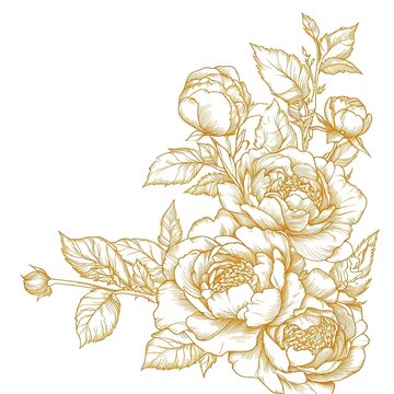 Gold line art of a floral corner design with roses and peonies, vector illustration, white background