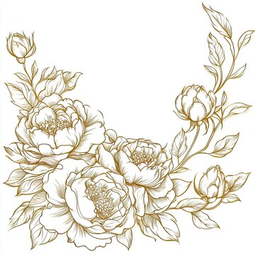 Gold line art of a floral corner design with roses and peonies, vector illustration, white background