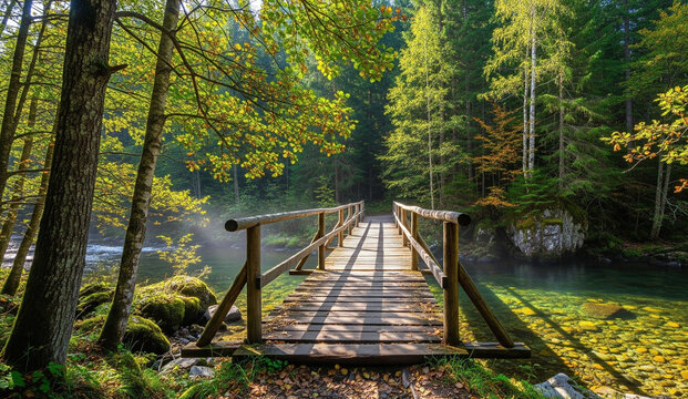 Wooden Bridge Over Clear Forest Stream – Peaceful Nature Walk, Serene River Crossing, Lush Green Trees and Sunlit Wilderness - Powered by Adobe