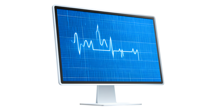 an image of a blue-colored individual monitor with a heart rate line graph on the screen, against a white background