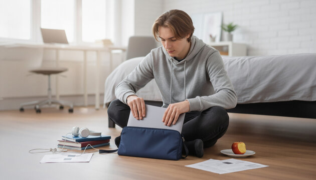Young man sitting on the floor packing a bag in modern bedroom - Powered by Adobe