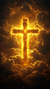 Golden cross in the clouds, holy light, black background, yellow glow, golden clouds