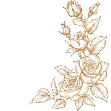 Golden floral corner design with roses and leaves on a white background