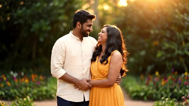 Joyful Indian Couple Smiling and Embracing Outdoors at Golden Hour in a Beautiful Garden Young South Asian Couple Sharing a Romantic Moment