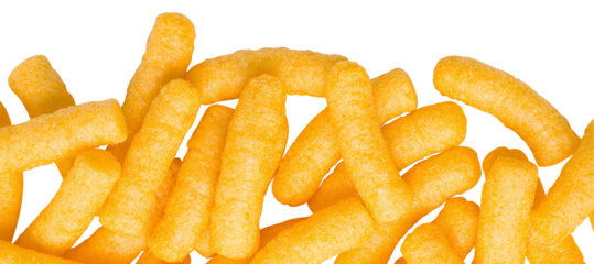 Crunchy cheese puffs falling on transparent background