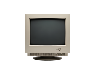 Classic beige vintage CRT computer monitor, chunky, dark screen, isolated on a transparent background with copy space, soft lighting. Concept of obsolete technology and nostalgia