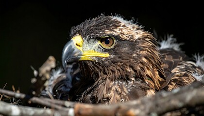 Close-up of a young eagle in a nest