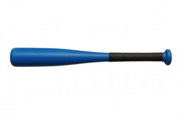 Horizontal close-up of blue baseball bat featuring black grip tape, positioned against transparent background