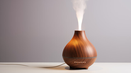 Wooden aroma diffuser emitting steam on a white surface against a gray background in a studio setting