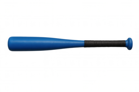 Horizontal close-up of blue baseball bat featuring black grip tape, positioned against transparent background