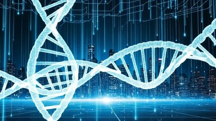 Futuristic D N A Helix Over Digital Cityscape Data Streams Blue Neon Glow Science Technology Concept 4K Ai HD video. - Powered by Adobe