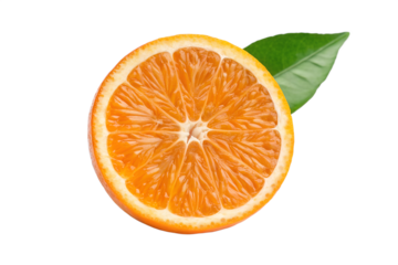 Fresh orange slice with green leaf isolated on white background