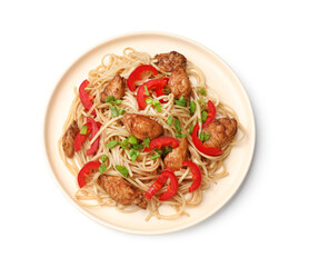 Tasty noodles with chicken, green onions and vegetables isolated on white, top view