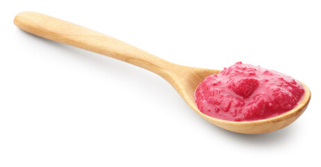 Tasty horseradish sauce with beetroot in spoon isolated on white
