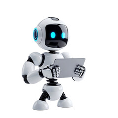 Robot holding a tablet isolated on transparent background, showcasing technology