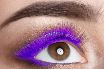 Young woman with beautiful purple eyelashes, closeup