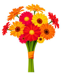 Bouquet of red, orange, and yellow gerbera flowers isolated on a white background. Gerberas in autumn colors. Vector illustration
