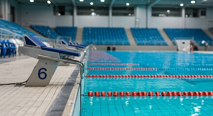 Mockup of empty swimming pool with blue seats and starting blocks, ready for a competition for commercial usage