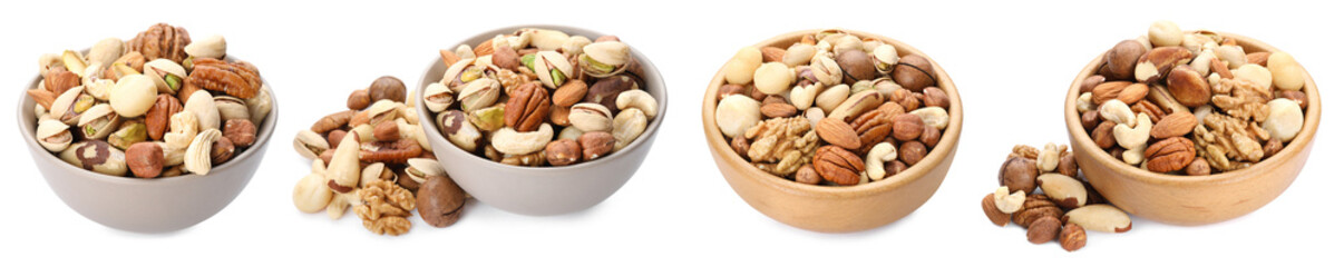 Nuts mix in bowls isolated on white, set