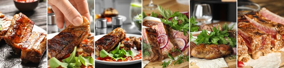 Tasty cooked meat dishes, collage of pictures. Banner design
