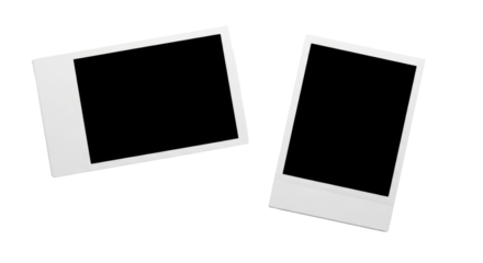 Two distinct blank instant camera photo frames, horizontal and vertical, with white borders and black centers, on a transparent studio background with soft shadows, concept of creative possibility