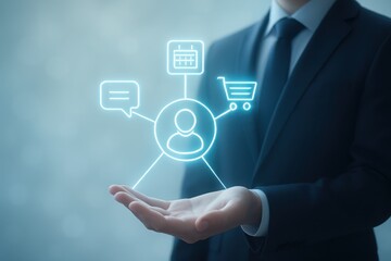 Businessman s hand displays customer journey and business process icons