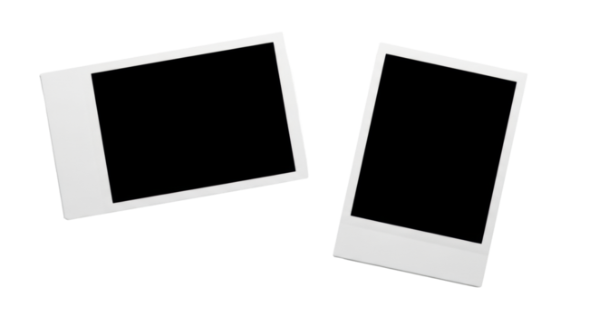 Two distinct blank instant camera photo frames, horizontal and vertical, with white borders and black centers, on a transparent studio background with soft shadows, concept of creative possibility