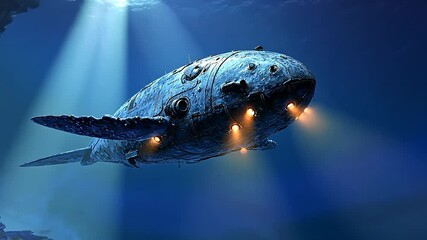 Rusted submarine, underwater, glowing engines - Powered by Adobe