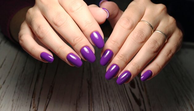 Close-up of manicured hands with purple nails