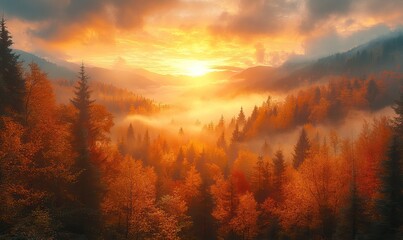 Naklejka premium A breathtaking autumn landscape with a golden sunset over a misty forest