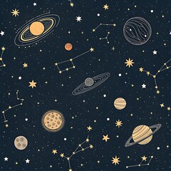 Seamless vector illustration of a cartoon space galaxy featuring a dark blue night sky with planets stars the moon and earth in an abstract solar universe