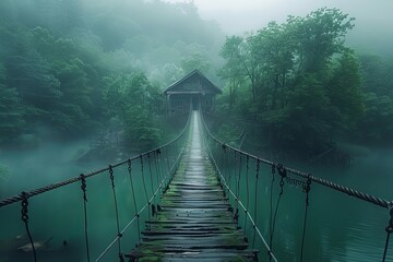 Fototapeta premium Misty suspension bridge leads to secluded cabin in lush forest during early morning hours