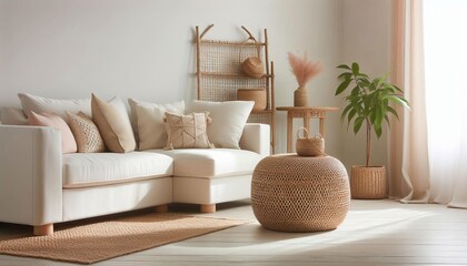 Cozy bohemian living room with a comfortable sofa, textured cushions, and natural decor elements
