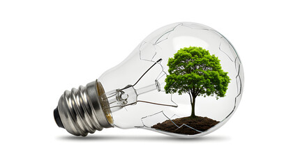 High-quality photo of a cracked light bulb with a tiny tree growing inside, isolated on white background.