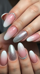 Elegant almond-shaped fingernails adorned with a soft pink and white ombre gradient, accented with sparkling rhinestones and shimmering silver glitter.