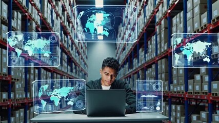 Hispanic man working on laptop in warehouse with futuristic holographic logistics interfaces. - Powered by Adobe